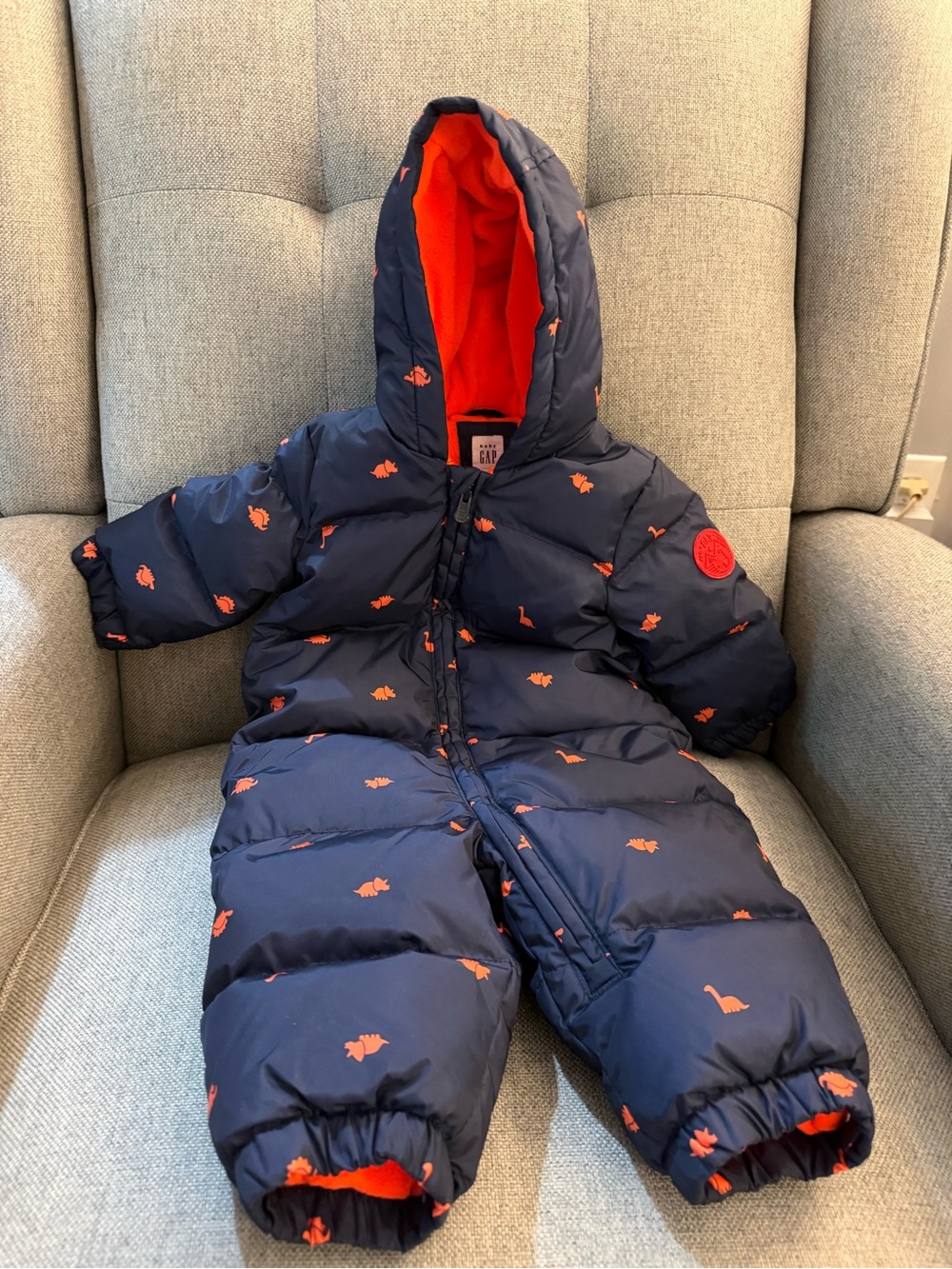 GAP Navy Puffer Infant Snowsuit with Orange Accents